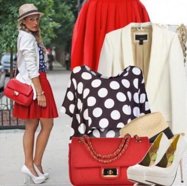 модные тренды, красная юбка, сумочка, кольца